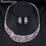 Threegraces Silver Color Jewelry Sets Multicolor Zirconia Bridal Necklace Set for Women Luxury Wedding Dress Accessories JS011