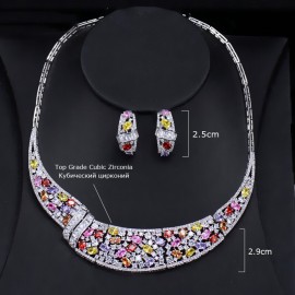 Threegraces Silver Color Jewelry Sets Multicolor Zirconia Bridal Necklace Set for Women Luxury Wedding Dress Accessories JS011