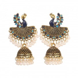 Vintage Antique Indian Dripping Oil Peacock Jhumki Earrings Women's Boho Ethnic Bollywood Gold Color Bells Earring