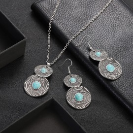 Vintage Boho Big Round Dangle Earrings Necklace Set Women's Ethnic Blue Turquoises Antique Carved Jewelry Sets 2023 New
