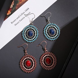 Vintage Boho Red Blue Round Hollow Ladies Earrings Fashion Jewelry Ethnic Women Earrings Drop Earrings Oorbellen