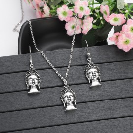 Vintage Ethnic Silver Color Buddha Necklace Set Women Alloy Carved Buddha Lucky Amulet Jewelry Sets Trendy Tibetan Accessories