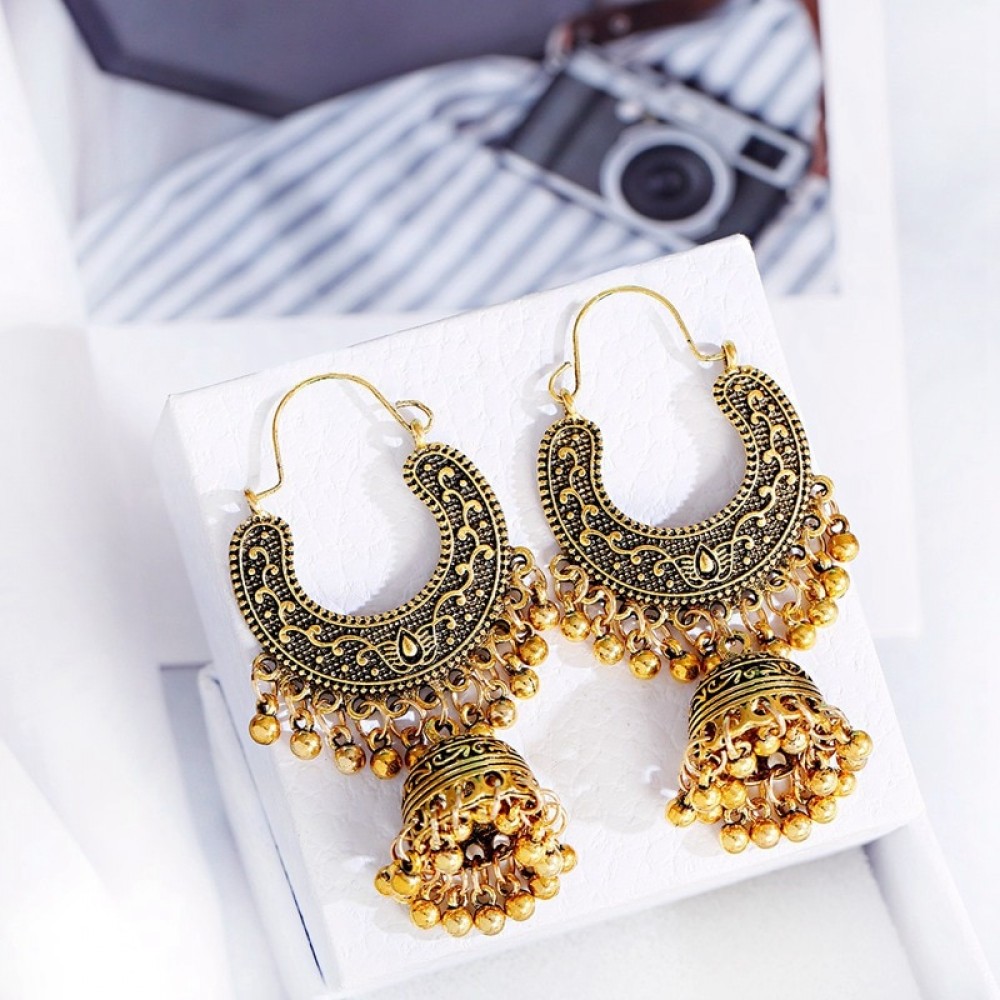 Vintage Gold Color Indian Jewelry Ethnic Geometry Statement Earrings For Women Big Gypsy Jhumka Drop Earrings