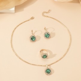 Vintage Green Crystal Round Jewelry Set Wedding Bridal Crystal Stone Necklace Ring Earrings Sets Female Luxury Party Gifts
