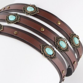 Vintage Handmade Leather Men Women Head Belt Accessories Ethnic Turquoises Flower Statement Choker Necklaces Jewelry