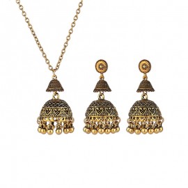 Vintage Indian Wedding Jewelry Set For Women Gold Color Carved Bells Necklace&Earring Statement Dangle Earrings Gifts