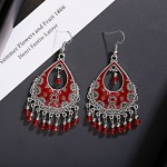Vintage Red Beads Tassel Wedding Earrings Indian Jhumka Antique Boho Silver Color Flower Carved Drop Earrings Brincos Jewelry