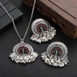 Vintage Silver Color Jewelry Sets for Women Accessories Ethnic Geometric Peacock Crystal Pendant Necklace Earrings Set