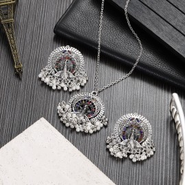 Vintage Silver Color Jewelry Sets for Women Accessories Ethnic Geometric Peacock Crystal Pendant Necklace Earrings Set