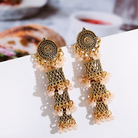 Vintage Silver Color Long Alloy Bollywood Oxidized Earrings Hangers Women's Retro Ethnic Pearl Tassel Jhumka Dangle Earrings