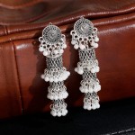 Vintage Silver Color Long Alloy Bollywood Oxidized Earrings Hangers Women's Retro Ethnic Pearl Tassel Jhumka Dangle Earrings