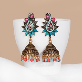 Women Vintage Flower Alloy Bollywood Oxidized Earrings Gypsy Brincos Trible Ethnic Beads Dangle Earrings Accessories