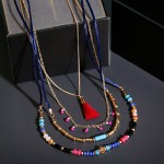 Women's Bohemian Boho Beads Tassel Statement Necklace Multilayer Woven Long Pendants Ethnic Choker Necklace Women