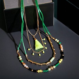 Women's Bohemian Boho Beads Tassel Statement Necklace Multilayer Woven Long Pendants Ethnic Choker Necklace Women
