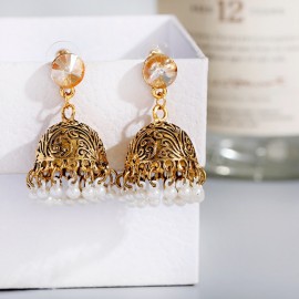 Women's Gypsy Gold Color Bells Beads Indian Jhumka Earrings Bohemian Retro White Rhinestone Pearls Tibetan Earrings Oorbellen