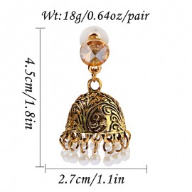 Women's Gypsy Gold Color Bells Beads Indian Jhumka Earrings Bohemian Retro White Rhinestone Pearls Tibetan Earrings Oorbellen