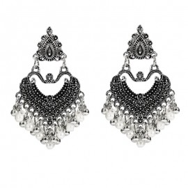 Women's Gypsy Silver Color Geometry Indian Jhumka Earrings Bohemian Retro Pearl Beads Tassel Tibetan Earrings Oorbellen