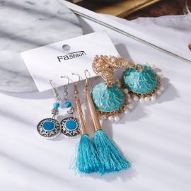 Women's Silver Color Turquoises India Earrings Set Bohemian Vintage Turkish Hand Hamsa Wedding Earrings Wholesale Accessories