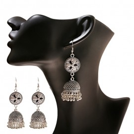 Womens Silver Color Beads Tassel Indian Jhumka Earrings Ethnic Vintage Flower Bollywood Oxidized Bell Dangle Earrings