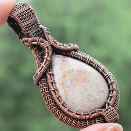 Fossil Coral Gemstone Handmade Copper Wire Wrapped Pendant Jewelry 2.76" BZ-150