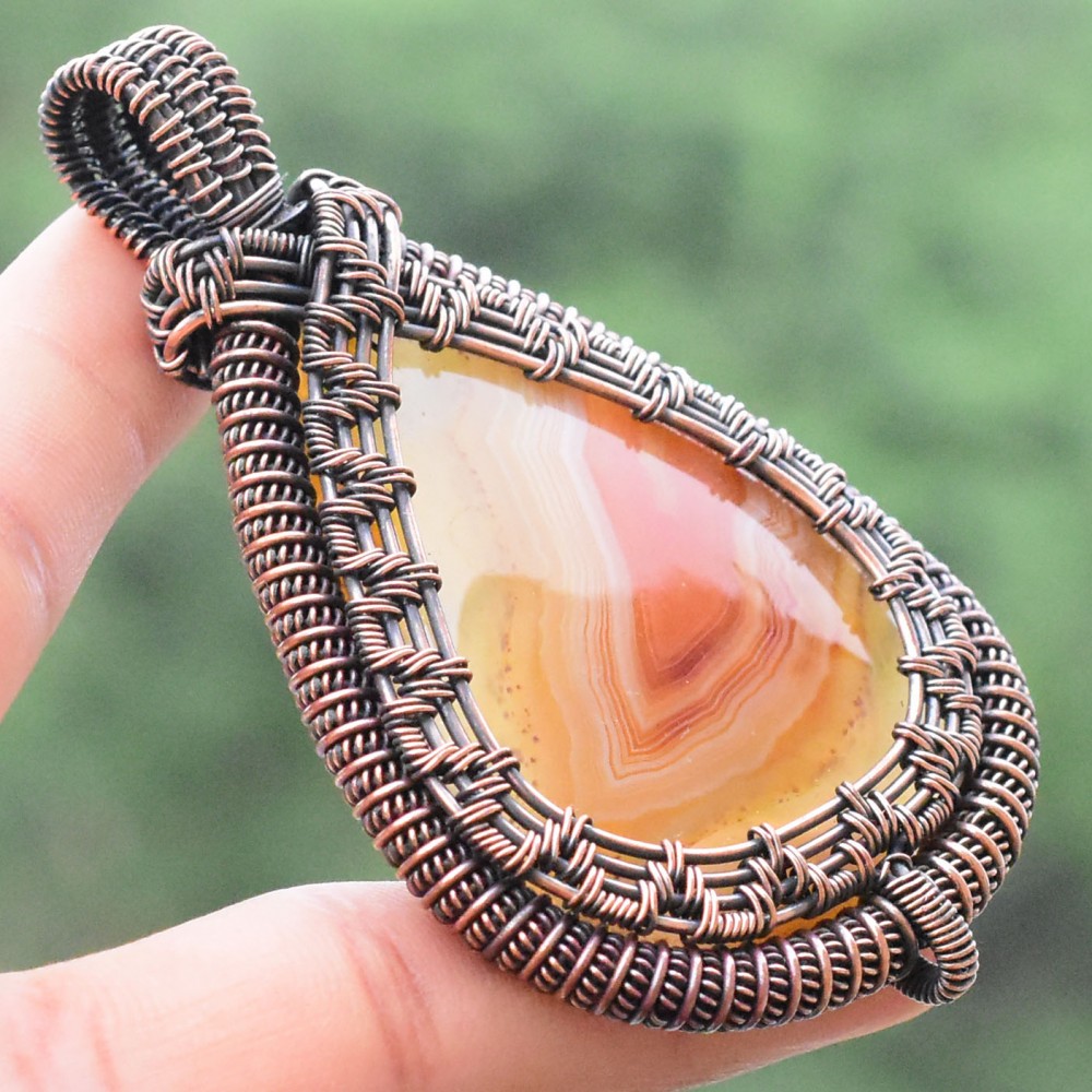 Bostwana Agate Gemstone Handmade Copper Wire Wrapped Pendant Jewelry 3.15 Inch BZ-152