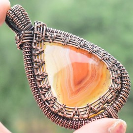 Bostwana Agate Gemstone Handmade Copper Wire Wrapped Pendant Jewelry 3.15 Inch BZ-152