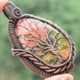Unakite Gemstone Handmade Copper Wire Wrapped Pendant Jewelry 2.56 Inch BZ-154