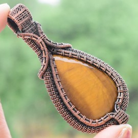 Tiger Eye Gemstone Handmade Copper Wire Wrapped Pendant Jewelry 3.35 Inch BZ-156