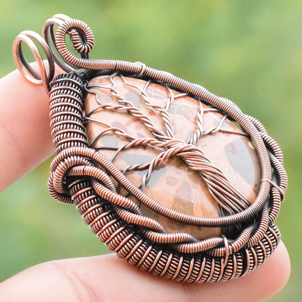 Coffee Jasper Gemstone Handmade Copper Wire Wrapped Pendant Jewelry 2.17 Inch BZ-157