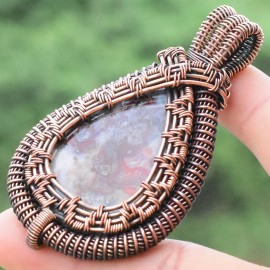 Crazy Lace Agate Gemstone Handmade Copper Wire Wrapped Pendant Jewelry 2.76" BZ-161