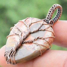 Coffee Jasper Gemstone Handmade Copper Wire Wrapped Pendant Jewelry 1.77 Inch BZ-174