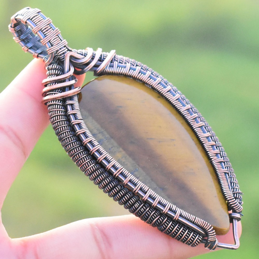 Tiger Eye Gemstone Handmade Copper Wire Wrapped Pendant Jewelry 3.55 Inch BZ-18