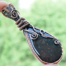 Blood Stone Gemstone Handmade Copper Wire Wrapped Pendant Jewelry 2.96 Inch BZ-182