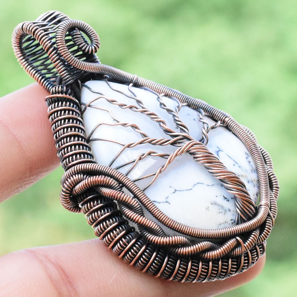 Dendrite Opal Gemstone Handmade Copper Wire Wrapped Pendant Jewelry 2.17 Inch BZ-195