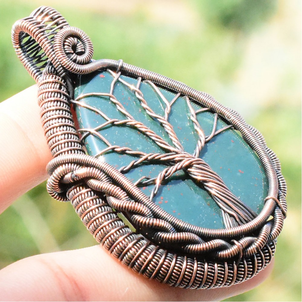 Blood Stone Gemstone Handmade Copper Wire Wrapped Pendant Jewelry 2.36 Inch BZ-205