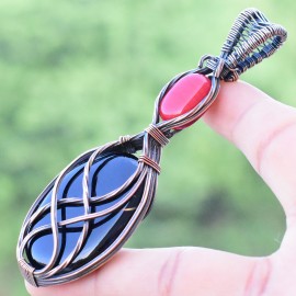 Black Onyx Gemstone Handmade Copper Wire Wrapped Pendant Jewelry 3.74 Inch BZ-214