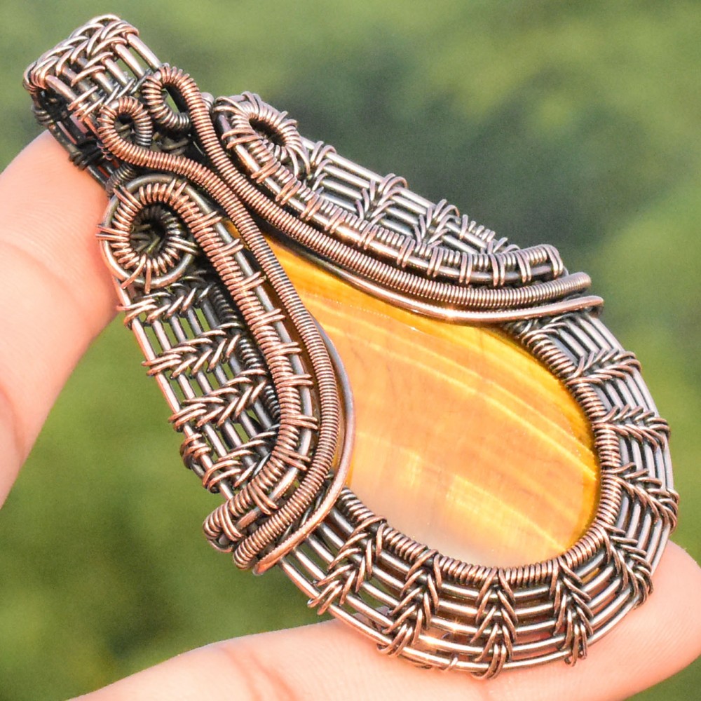 Tiger Eye Gemstone Handmade Copper Wire Wrapped Pendant Jewelry 2.76 Inch BZ-22