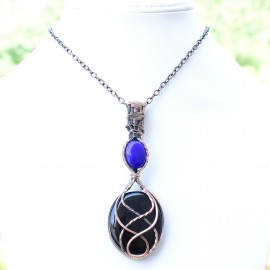 Black Onyx Gemstone Handmade Copper Wire Wrapped Pendant Jewelry 3.55 Inch BZ-261