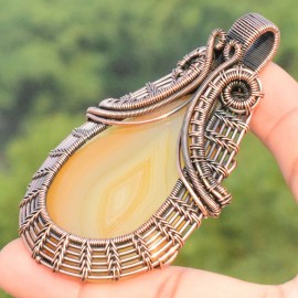 Bostwana Agate Gemstone Handmade Copper Wire Wrapped Pendant Jewelry 2.96 Inch BZ-28