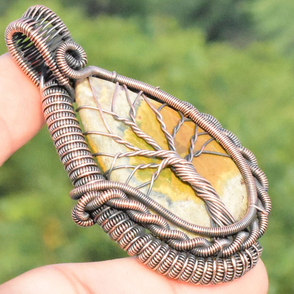 Bumble Bee Jasper Gemstone Handmade Copper Wire Wrapped Pendant Jewelry 2.36" BZ-35