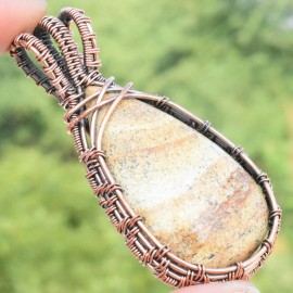 Picture Jasper Gemstone Handmade Copper Wire Wrapped Pendant Jewelry 2.56 Inch BZ-42