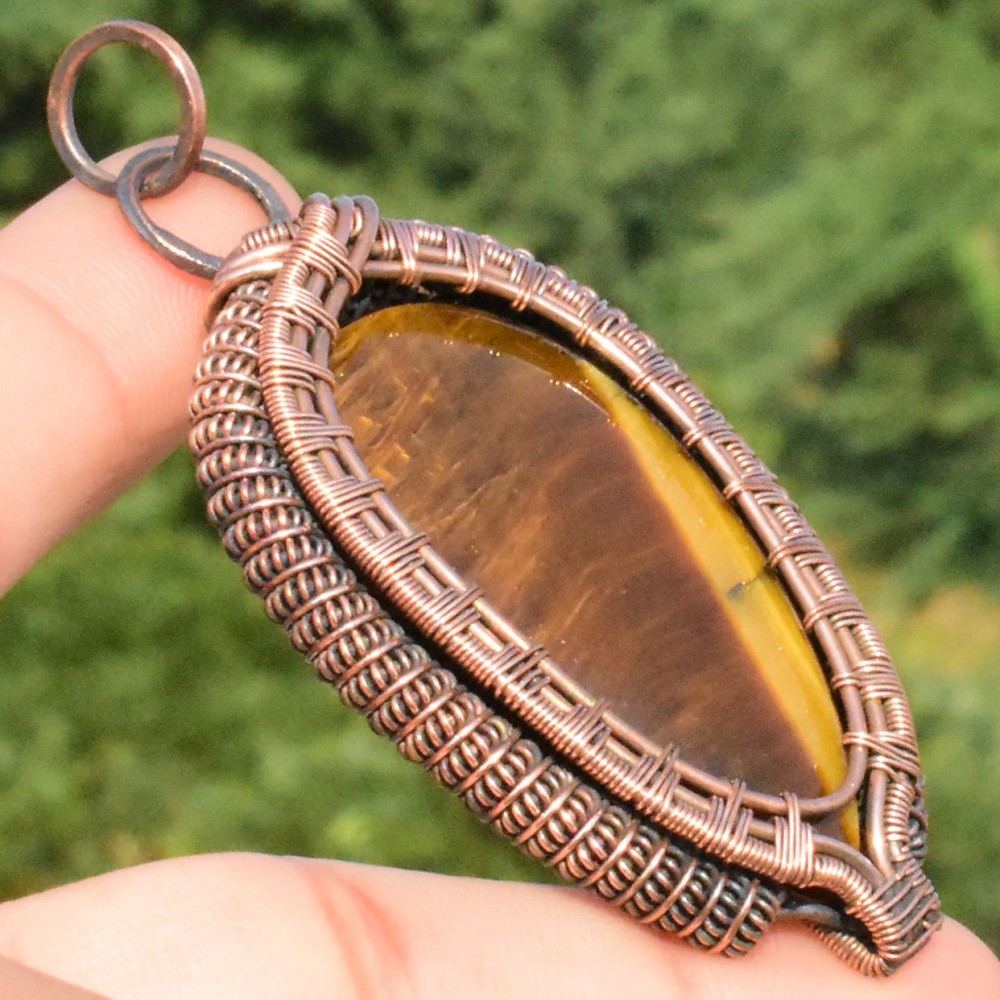 Tiger Eye Gemstone Handmade Copper Wire Wrapped Pendant Jewelry 2.76 Inch BZ-47