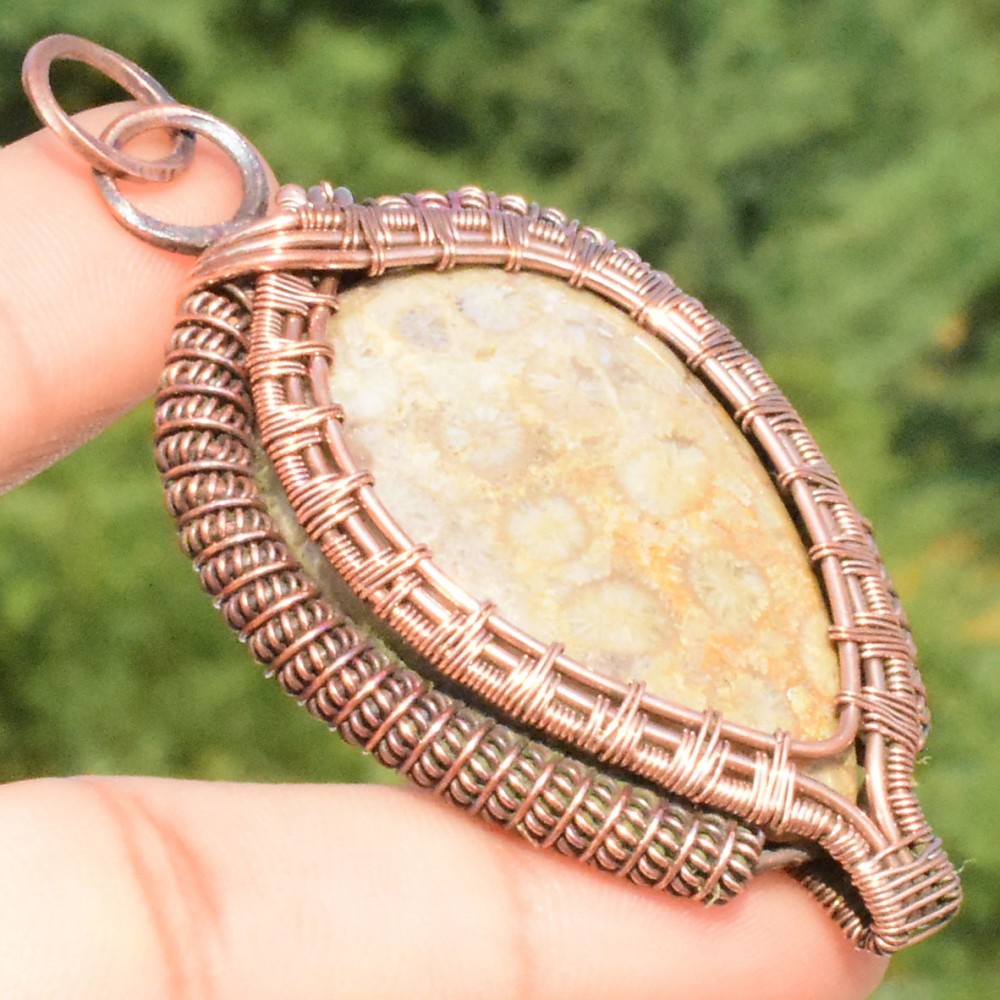 Fossil Coral Gemstone Handmade Copper Wire Wrapped Pendant Jewelry 2.56 Inch BZ-48
