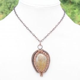 Fossil Coral Gemstone Handmade Copper Wire Wrapped Pendant Jewelry 2.56 Inch BZ-48