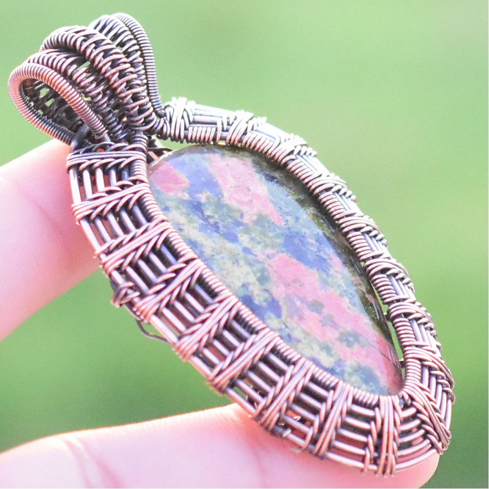 Unakite Gemstone Handmade Copper Wire Wrapped Chain Pendant Jewelry 2.56 Inch BZ-8