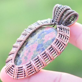 Unakite Gemstone Handmade Copper Wire Wrapped Chain Pendant Jewelry 2.56 Inch BZ-8