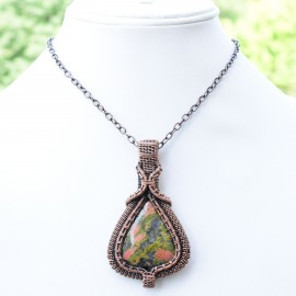 Unakite Gemstone Handmade Copper Wire Wrapped Pendant Jewelry 2.76 Inch BZ-268