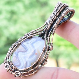 Crazy Lace Agate Gemstone Handmade Copper Wire Wrapped Pendant Jewelry 2.76" BZ-273