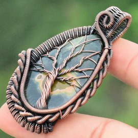 Ocean Jasper Gemstone Handmade Copper Wire Wrapped Pendant Jewelry 2.36" BZ-288