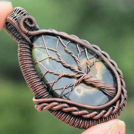 Ocean Jasper Gemstone Handmade Copper Wire Wrapped Pendant Jewelry 2.36" BZ-288